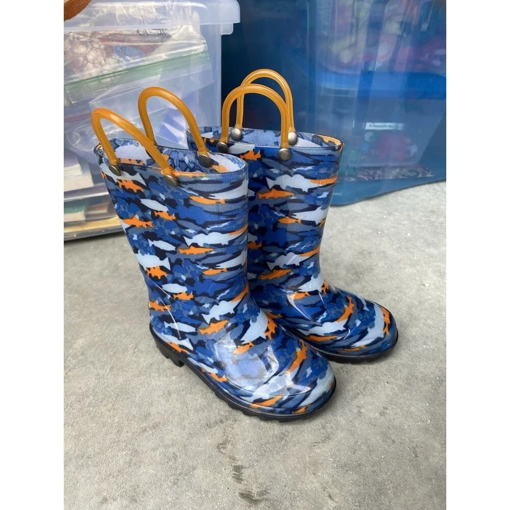 Western Chief Toddler Fish Camo Blue Light Up Rain Boots Size 9